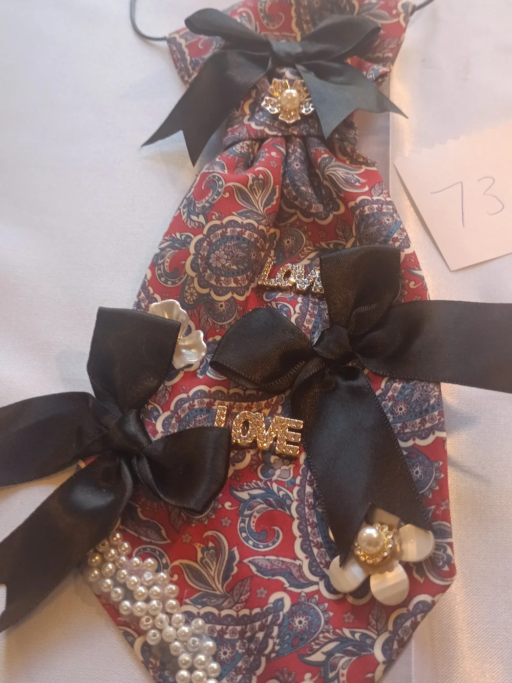 Cranberry  Red Paisley JunkTie Necklace with Black Ribbon and Pearl Accents